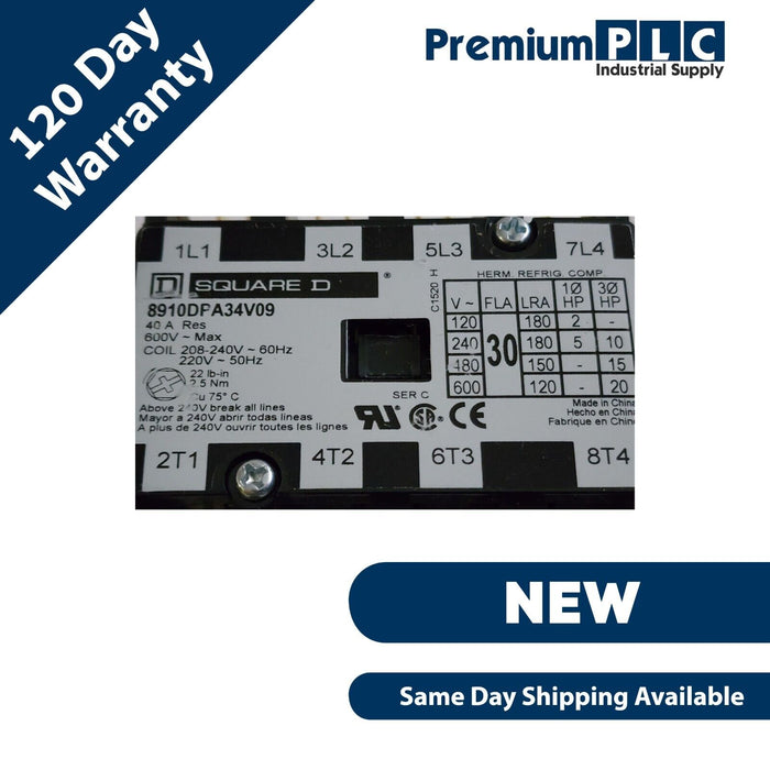 NEW SQUARE D 8910DPA34V09 DEFINITE PURPOSE CONTACTOR 30A, 4 POLE