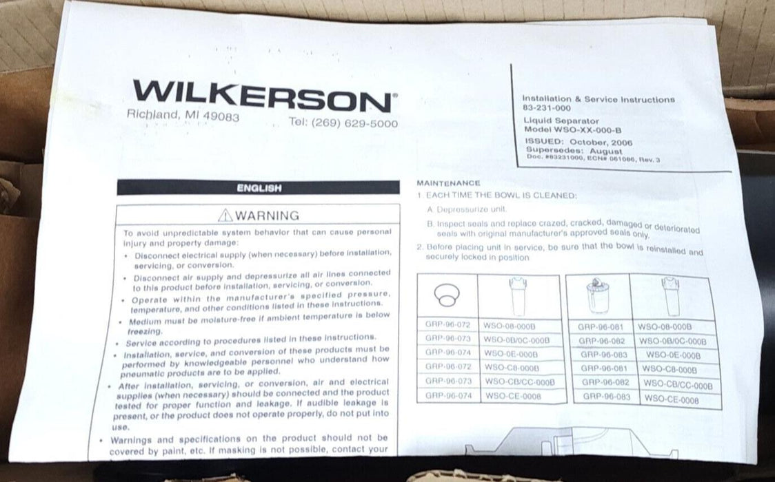 NEW WILKERSON WS0-08-000B / WS008000B CONDENSATE SEPARATOR 1'' NPT