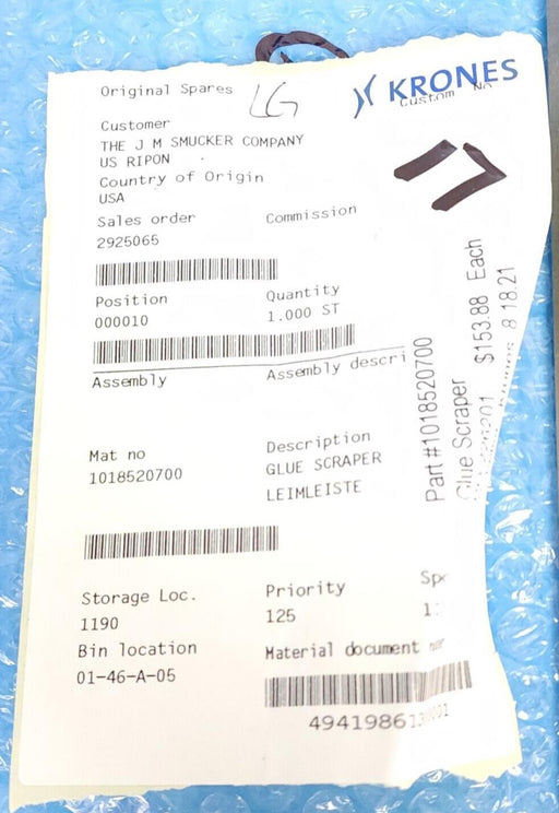LOT OF 2 NEW KRONES 1-018-52-070-0 GLUE SCRAPERS 1018520700