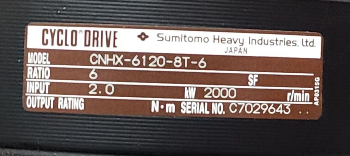 NEW SUMITOMO CNHX-6120-8T-6 CYCLO DRIVE RATIO: 6 INPUT: 2.0 KW: 2000