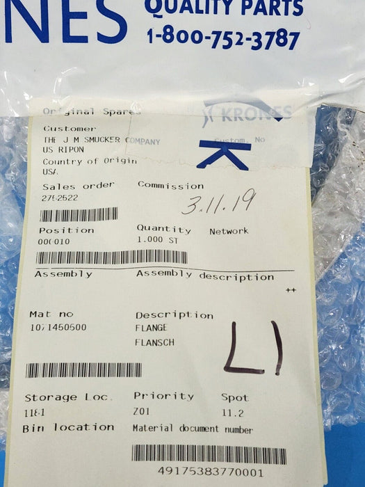 NEW KRONES 1071450500 FLANGE