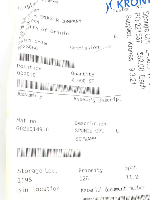 LOT OF 4 NEW KRONES G029014910 SPONGES CPL L=38.5 W=64.5