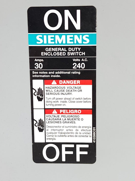 SIEMENS GNF321 GENERAL DUTY ENCLOSED SWITCH 30AMPS TYPE 1 ENCLOSURE