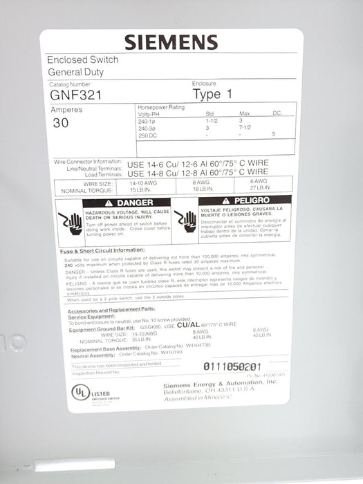 SIEMENS GNF321 GENERAL DUTY ENCLOSED SWITCH 30AMPS TYPE 1 ENCLOSURE