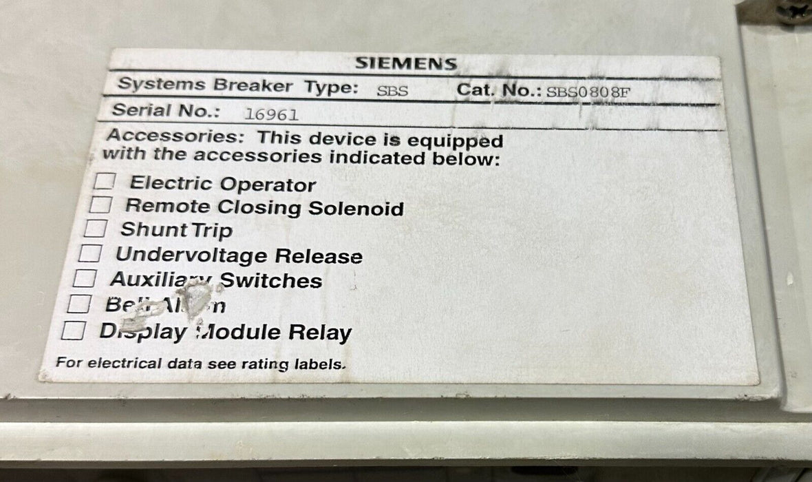 SIEMENS SBS0808F SBS 800 CIRCUIT BREAKER 800A 3P 600VAC W/ 600A TRIP UNIT