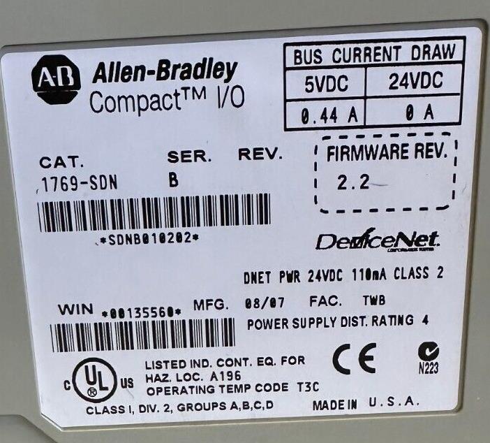 ALLEN BRADLEY 1769-SDN /B Compact I/O DeviceNet SCANNER MODULE F/W. 2.2 1769SDN