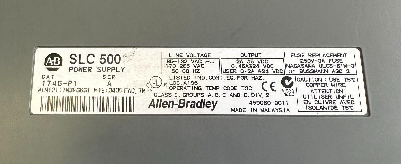 ALLEN BRADLEY 1746-P1 /A SLC 500 POWER SUPPLY W/ 1746-A7 /B SLC 7-SLOT RACK