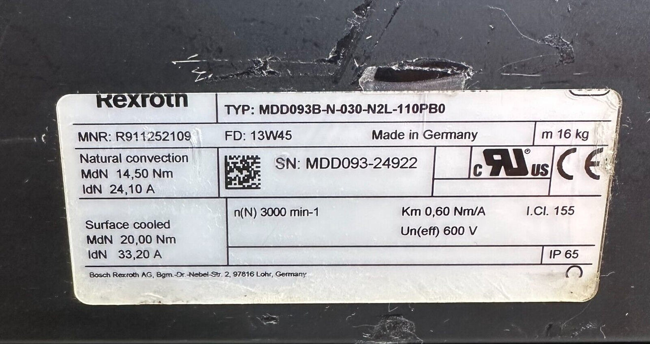 NEW BOSCH REXROTH MDD093B-N-030-N2L-110PB0 MDD SERVO MOTOR 14.5Nm R911252109