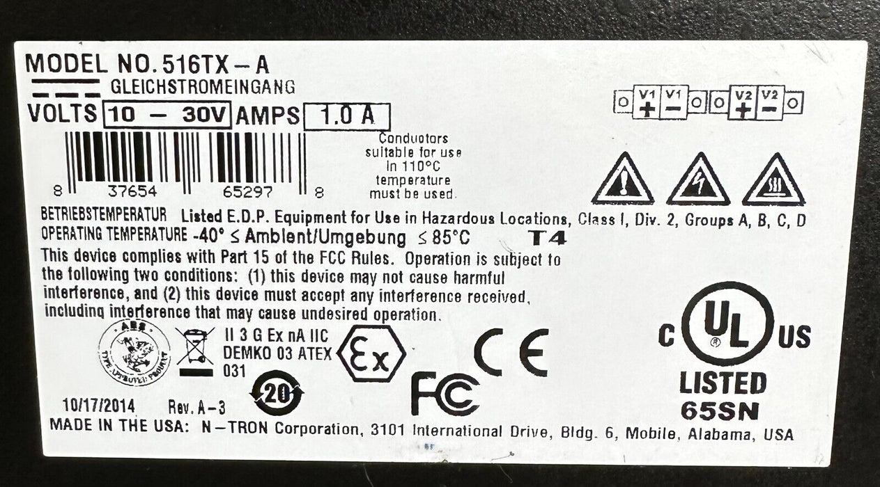 N-TRON 516TX-A / 516TXA INDUSTRIAL ETHERNET SWITCH 16-PORT 10/30VDC 1.0A 516TX