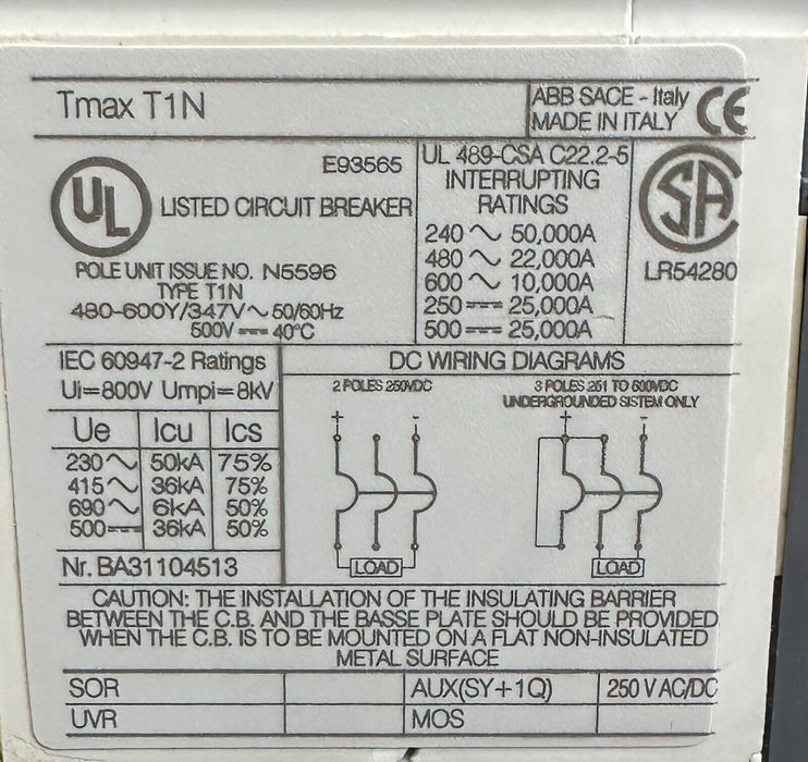 NEW ABB SACE T1N040TLA Tmax CIRCUIT BREAKER 40A 3-POLE T1N TmaxT1N N5596