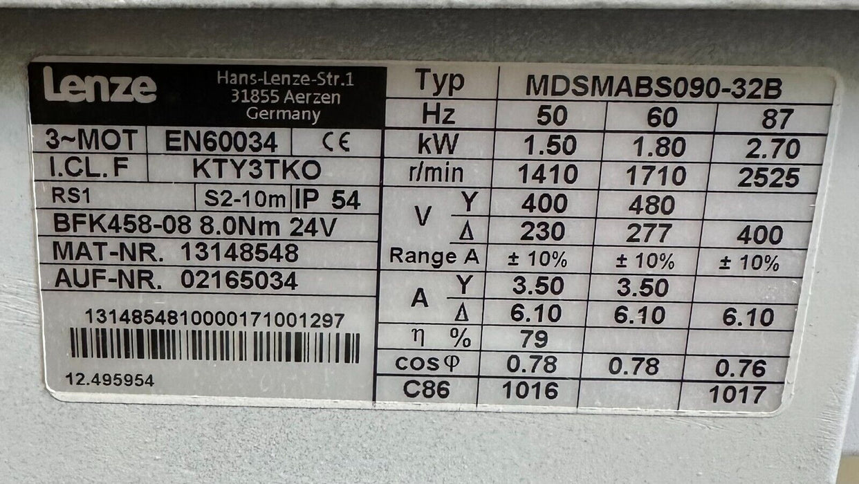 NEW LENZE MDSMABS090-32B AC MOTOR 1.50-2.7kW 50-87Hz 13148548 KTY3TKO EN60034