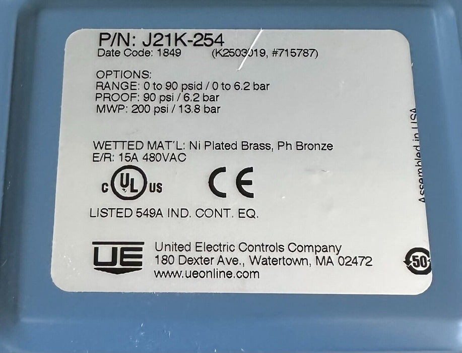 NEW UNITED ELECTRIC J21K-254 / J21K254 PRESSURE SWITCH 0-90PSID 0-6.2BAR #715787