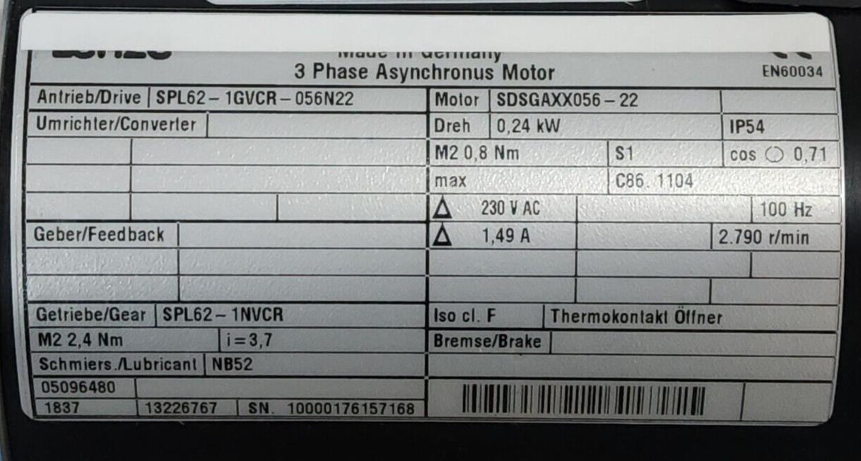 NEW LENZE SPL62-1GVCR-056N22 SERVO MOTOR SDSGAXX056-22 3-PHASE ASYNCHRONUS MOTOR