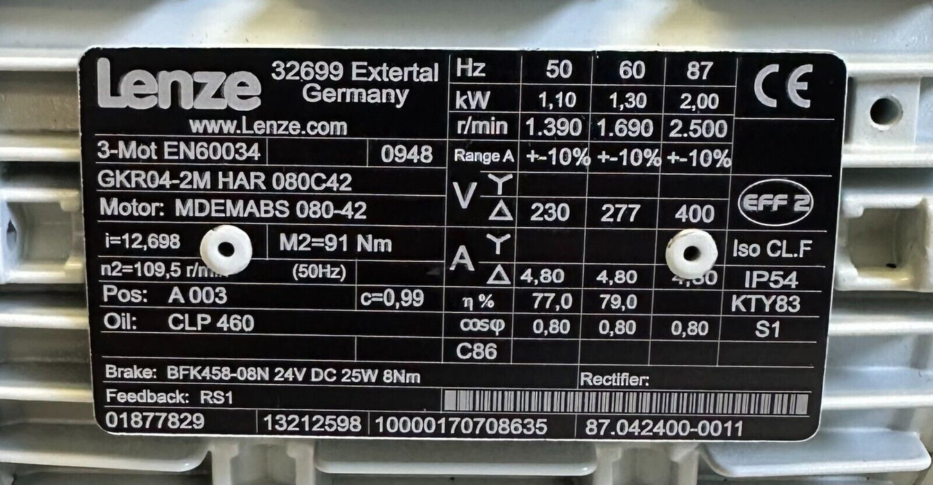 NEW LENZE MDEMABS080-42 / GKR04-2MHAR080C42 GEAR MOTOR BFK458-08N BRAKE 13212598