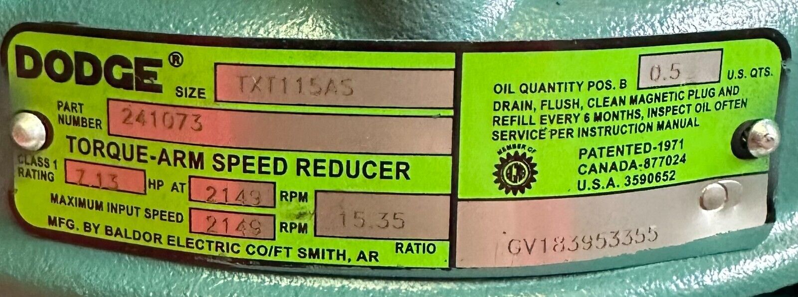 NEW BALDOR DODGE TXT115AS TORQUE-ARM SPEED REDUCER 15.35:1 RATIO 241073