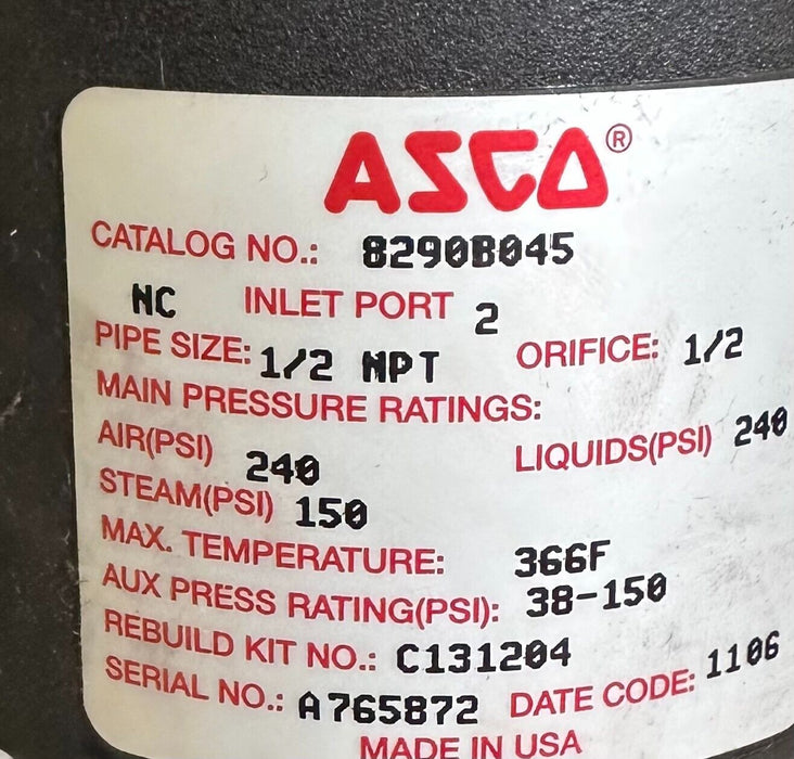 NEW ASCO 8290B045 PRESSURE OPERATED PISTON VALVE 2-PORT 1/2'' NPT 240PSI A765872