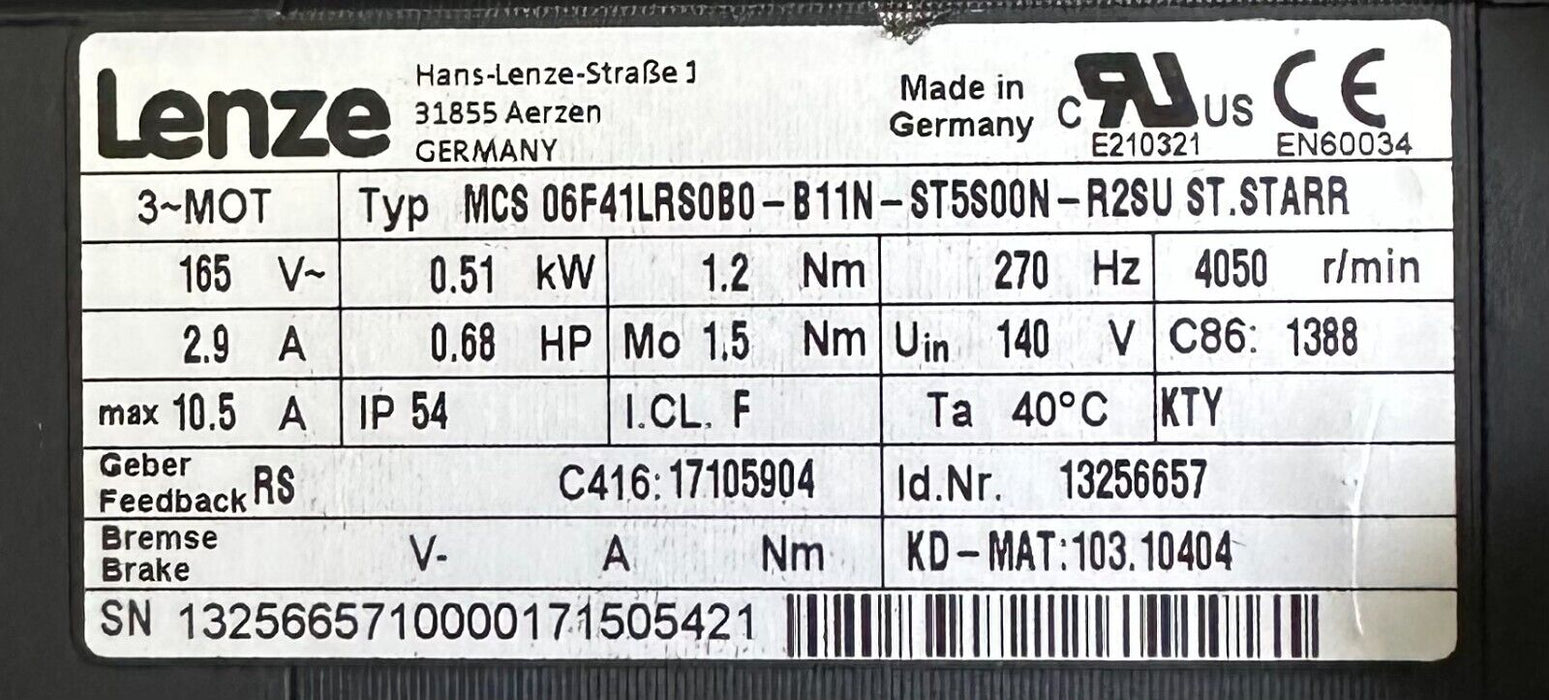 LENZE MCS 06F41LRS0B0-B11N-ST5S00N-R2SU SERVO MOTOR .51kW/.68HP 165V 13256657