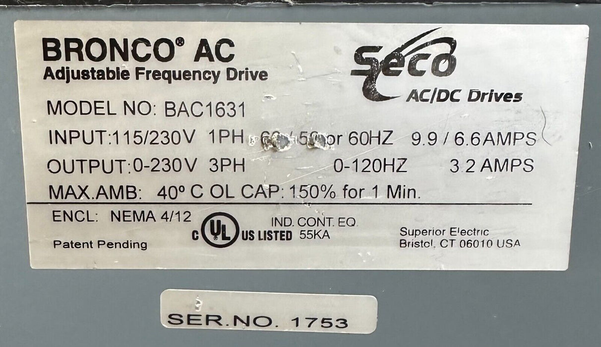 SUPERIOR ELECTRIC SECO BAC1631 BRONCO AC DRIVE 115/230V 50/60Hz 9.9/6.6AMPS