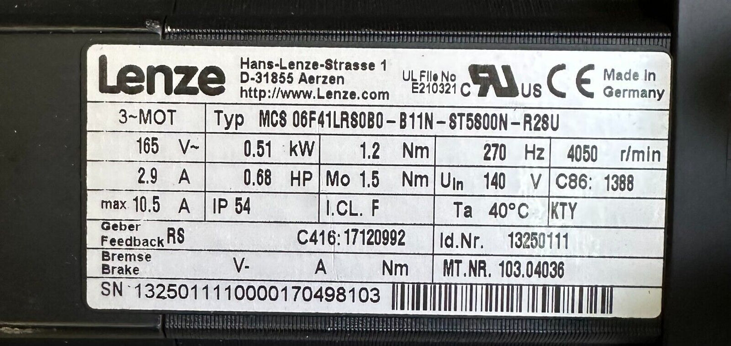 NEW LENZE MCS 06F41LRS0B0-B11N-ST5S00N-R2SU SERVO 13250111 W/ VOGEL 281534 MPV00