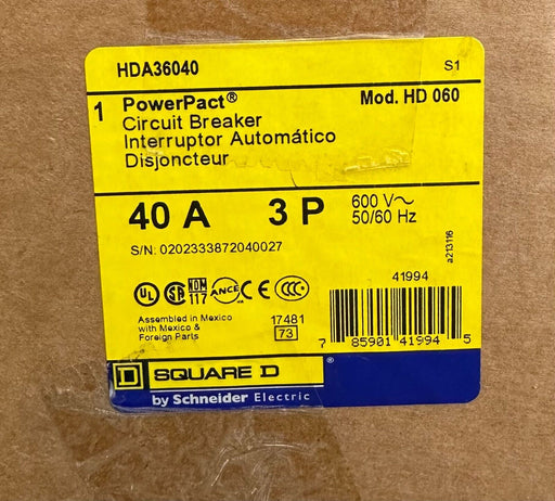 NEW SEALED SQUARE D HDA36040 PowerPact CIRCUIT BREAKER 40A 3P 600V 50/60Hz