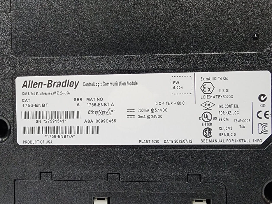 ALLEN BRADLEY 1756-ENBT SER. A CONTROLLOGIX COMMUNICATION MODULE FRN: 6.004