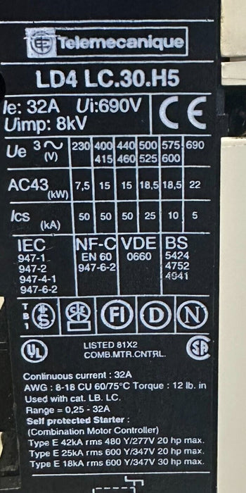 TELEMECANIQUE LD4-LC.30.H51 / LD4LC30H51 integral 32 CONTACTOR W/ LA1-LC052F