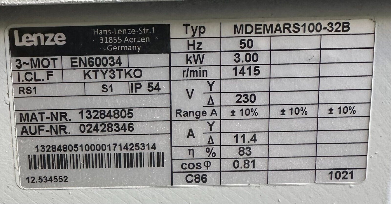 NEW LENZE MDEMARS100-32B MOTOR 3kW 3-MOT 13284805 50Hz KTY3TKO EN60034