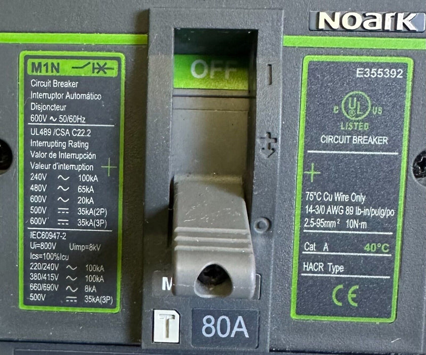 NEW NOARK M1N80T3L MOLDED CASE CIRCUIT BREAKER 80A 600V 50/60Hz M1N