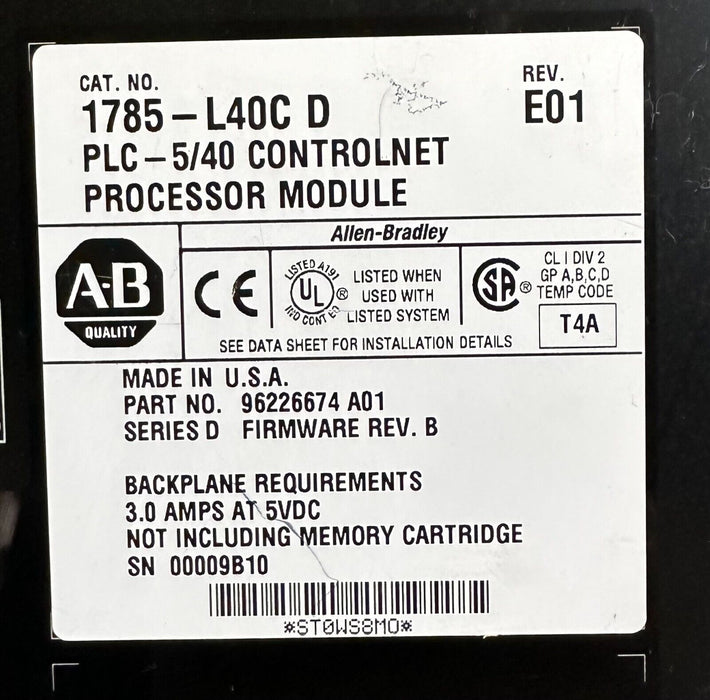 ALLEN BRADLEY 1785-L40C /D PLC-5/40 ControlNet PROCESSOR MODULE F/W. B 1785L40C