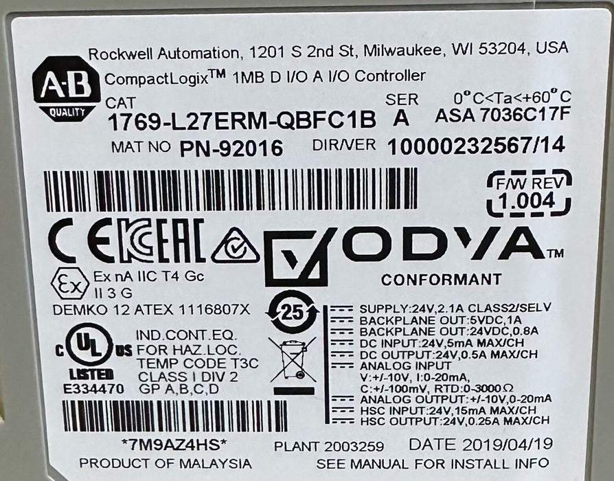 ALLEN BRADLEY 1769-L27ERM-QBFC1B /A CompactLogix 1MB D I/O A I/O CONTROLLER 2019