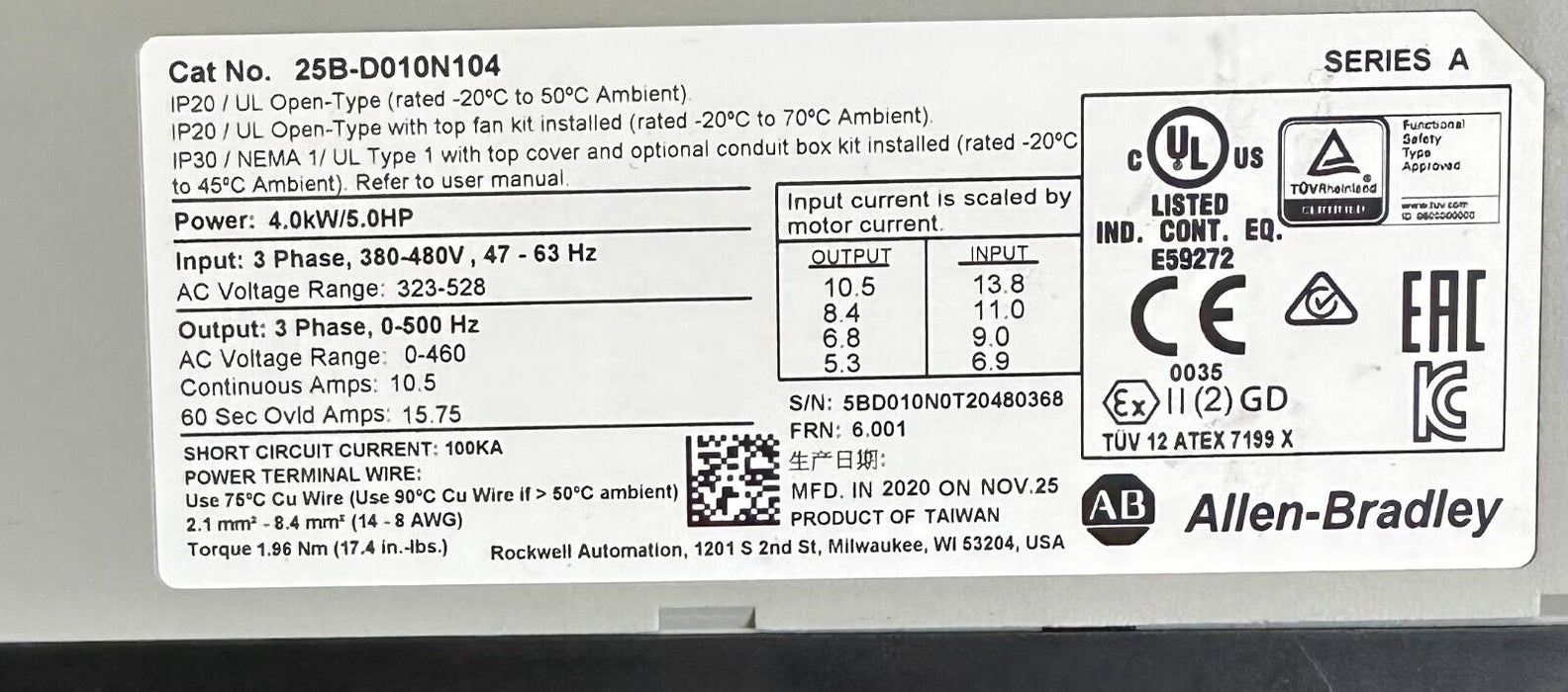 ALLEN BRADLEY 25B-D010N104 /A PowerFlex 525 AC DRIVE 4.0kW/5.0HP 25BD010N104