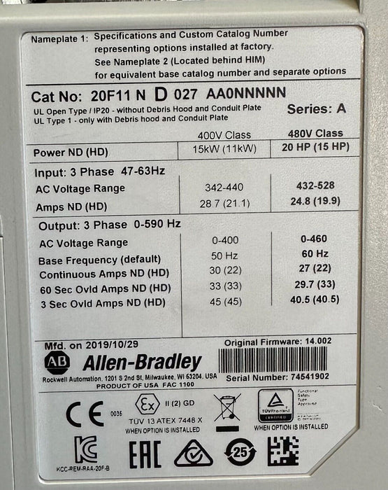 ALLEN BRADLEY 20F11ND027AA0NNNNN /A PowerFlex 753 AC DRIVE 15kW/20HP 432-528V