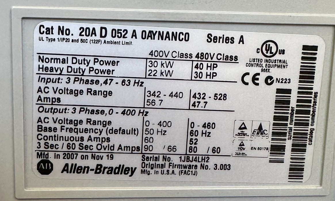 ALLEN BRADLEY 20AD052A0AYNANC0 /A PowerFlex 70 AC DRIVE 30kW/40HP 432-528V 47.7A