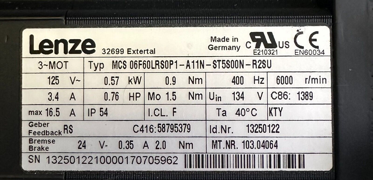 NEW LENZE MCS 06F60LRS0P1-A11N-ST5S00N-R2SU MCS SERVO MOTOR 0.57kW 103.04064