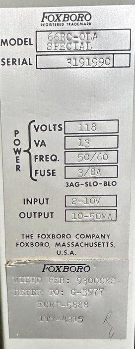 FOXBORO 66RC-0LA / 66RC0LA SPECIAL DYNAMIC COMPENSATOR CONTROLLER M/66R 66RC-OLA