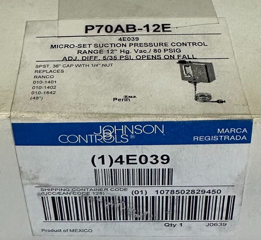 NEW JOHNSON CONTROLS P70AB-12E / P70AB12E MICRO-SET PRESSURE CONTROL 4E039