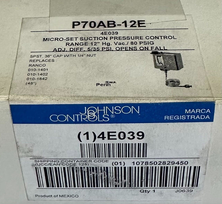 NEW JOHNSON CONTROLS P70AB-12E / P70AB12E MICRO-SET PRESSURE CONTROL 4E039