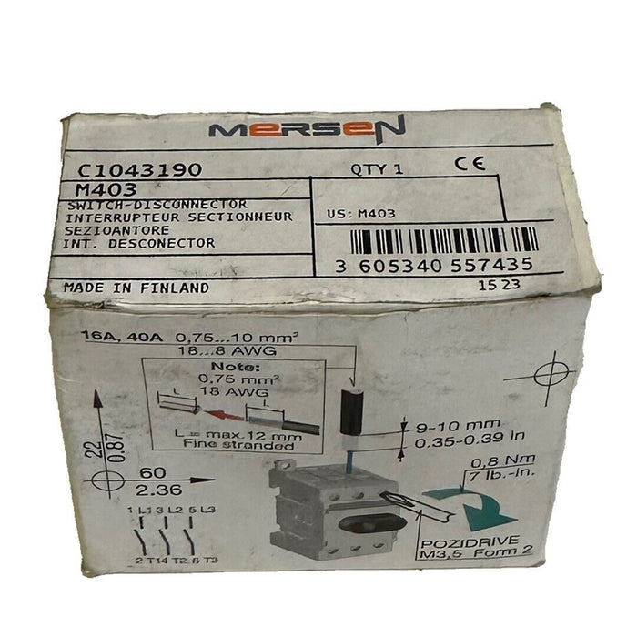 NEW MERSEN C1043190 / M403 NON-FUSIBLE DISCONNECT SWITCH 40A 50/60Hz