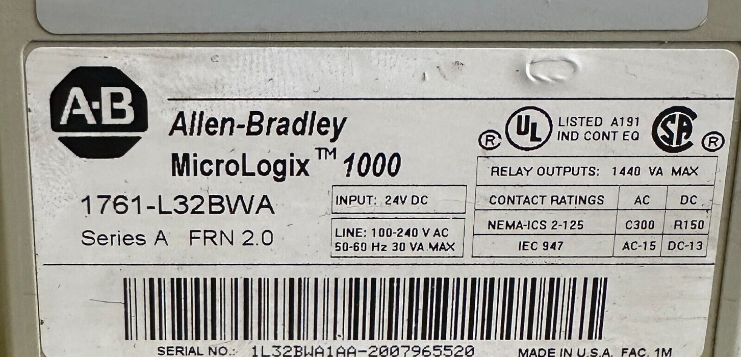 ALLEN BRADLEY 1761-L32BWA /A MicroLogix 1000 32-PT CONTROLLER 1761L32BWA