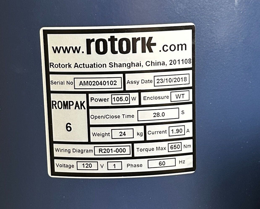 NEW ROTORK ROMpak 6 ELECTRIC VALVE ACTUATOR SIZE 6 120V 1-PHASE 60Hz 105W 650Nm