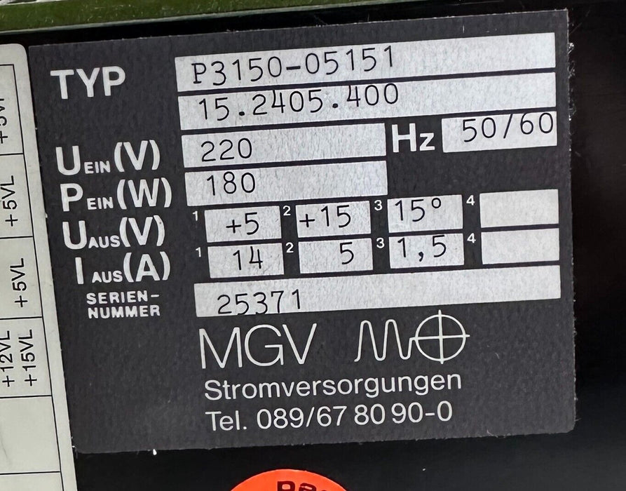 NEW MGV MO P3150-05151 / P315005151 POWER SUPPLY 220V 180W 50/60Hz 15.2405.400