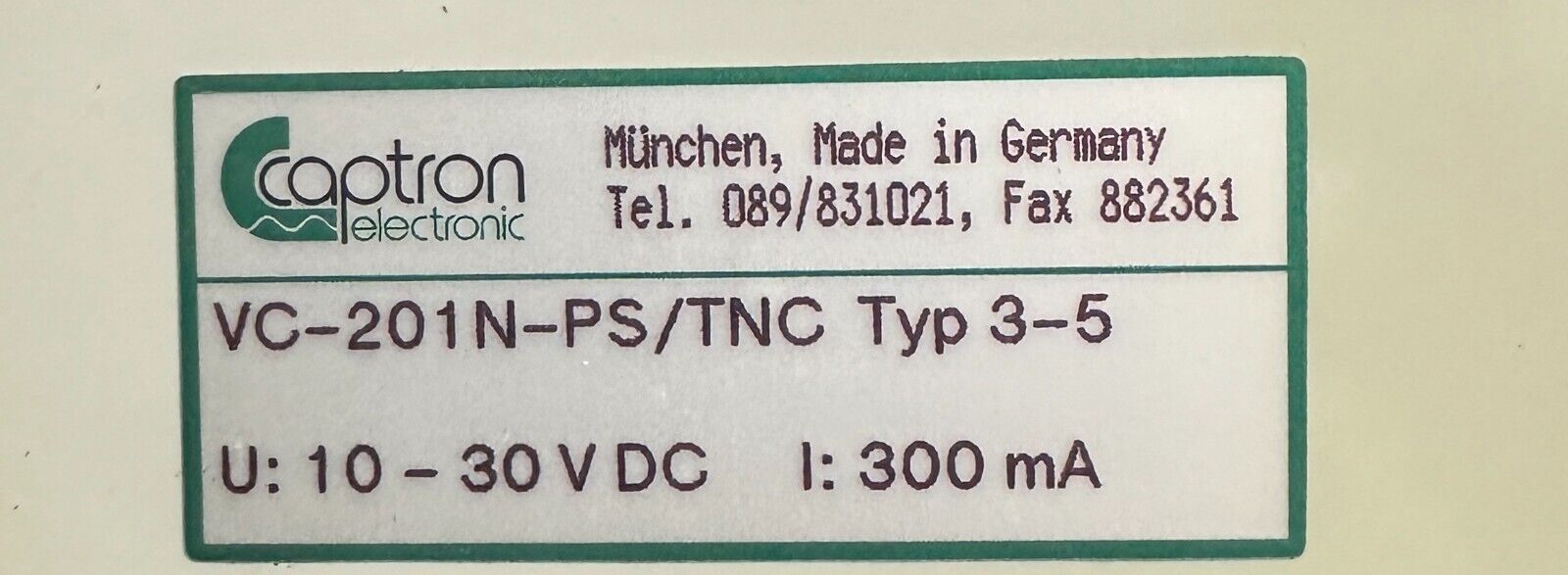 NEW CAPTRON ELECTRONIC VC-201N-PS/TNC / VC201NPSTNC 3-5 SENSOR 10-30Vdc 300mA