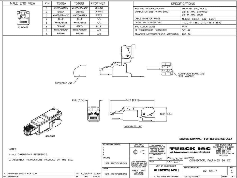 NEW TURCK U2-18467 U2 Series CONNECTOR, FW, RJ45S 84 IDC ETHERNET FIELD WIREABLE