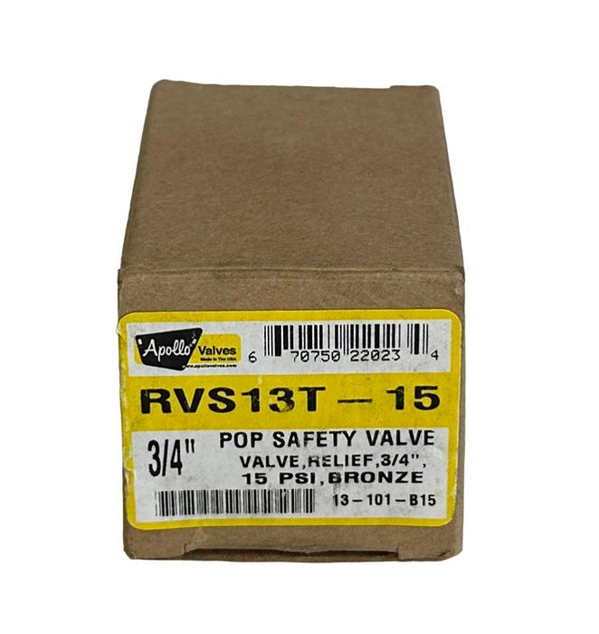 NEW APOLLO VALVES RVS13T-15 / RVS13T15 POP SAFETY RELIEF VALVE 3/4'' 15PSI