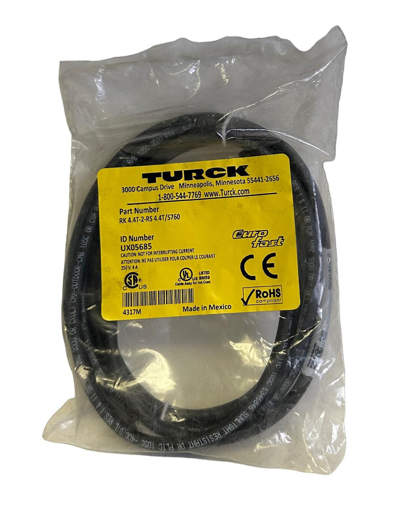 NEW TURCK RK 4.4T-2-RS 4.4T/S760 / RK44T2RS44TS760 M12 EURO CORDSET 2M UX05685