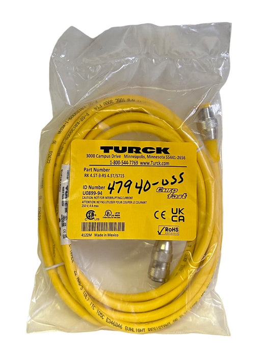 NEW TURCK RK 4.5T-3-RS 4.5T/S715 / RK45T3RS45TS715 M12 EURO CORDSET 3M U0899-94