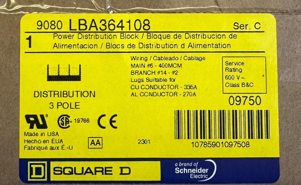 NEW SQUARE D 9080-LBA364108 / 9080LBA364108 POWER DISTRIBUTION BLOCK SER. C 600V