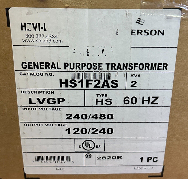 NEW EMERSON HS1F2AS GENERAL PURPOSE TRANSFORMER 2KVA LVGP 240/480V 60Hz HS