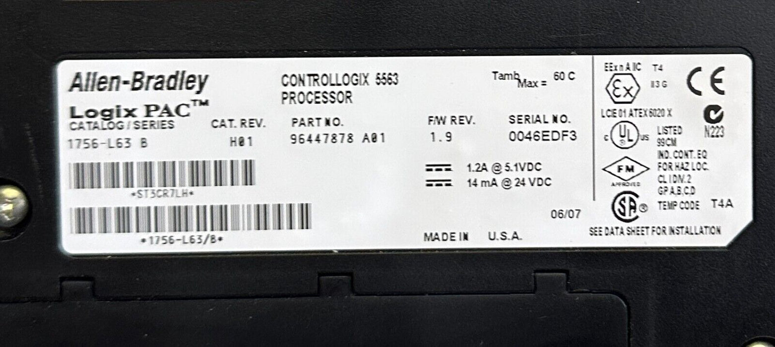 ALLEN BRADLEY 1756-L63 /B ControlLogix Logix5563 8MB PROCESSOR RS-232 1756L63