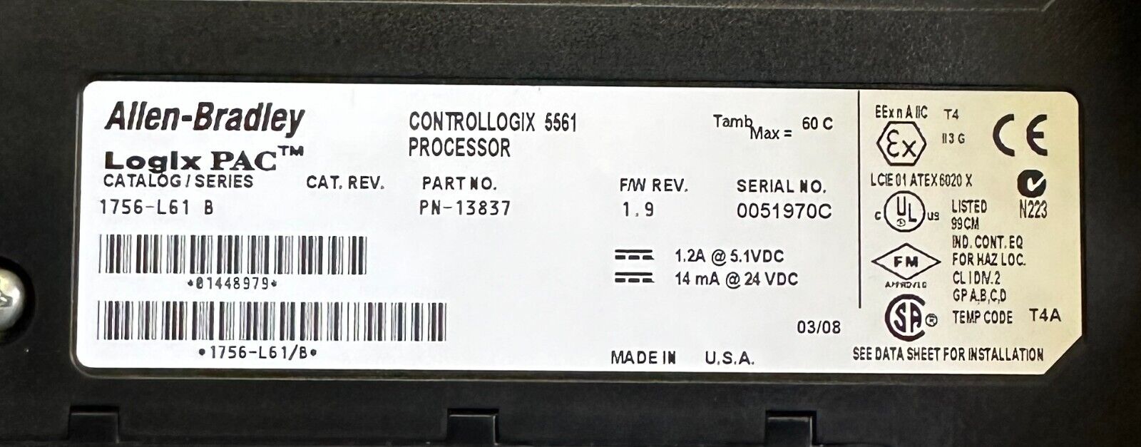 ALLEN BRADLEY 1756-L61 /B ControlLogix Logix5561 2MB PROCESSOR RS-232 1756L61